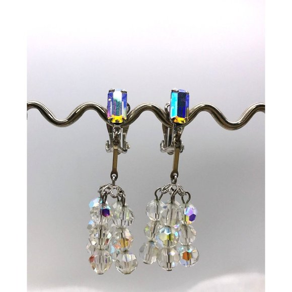 Vintage Lewis Segal California Clip On Earrings Rectangle AB Rhinestone With AB - Picture 1 of 6